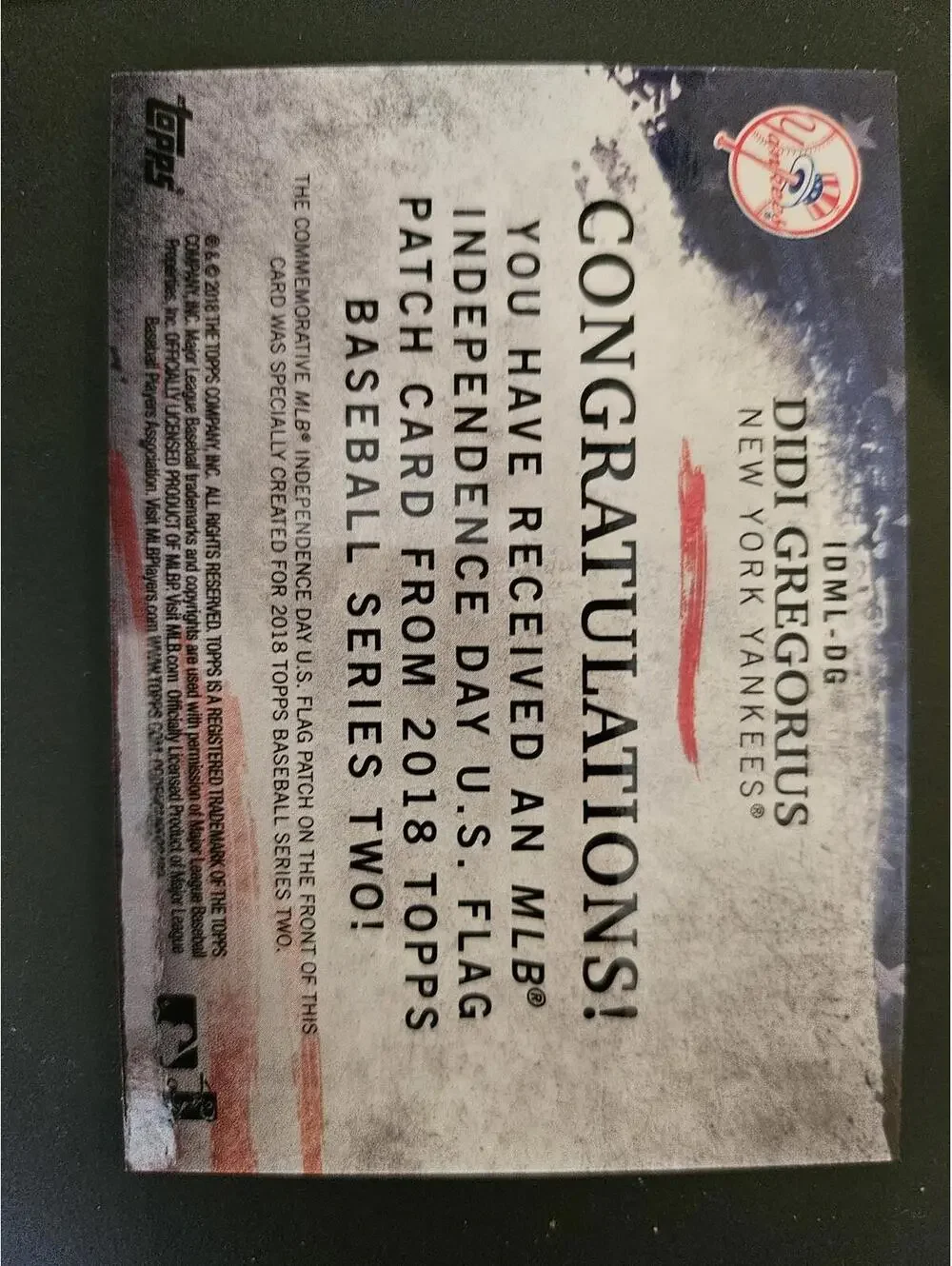 Didi Gregorius MLB US Flag Patch Relic Card 2018 Topps insert IDML-DG - RAW Mint - Picture 2 of 2